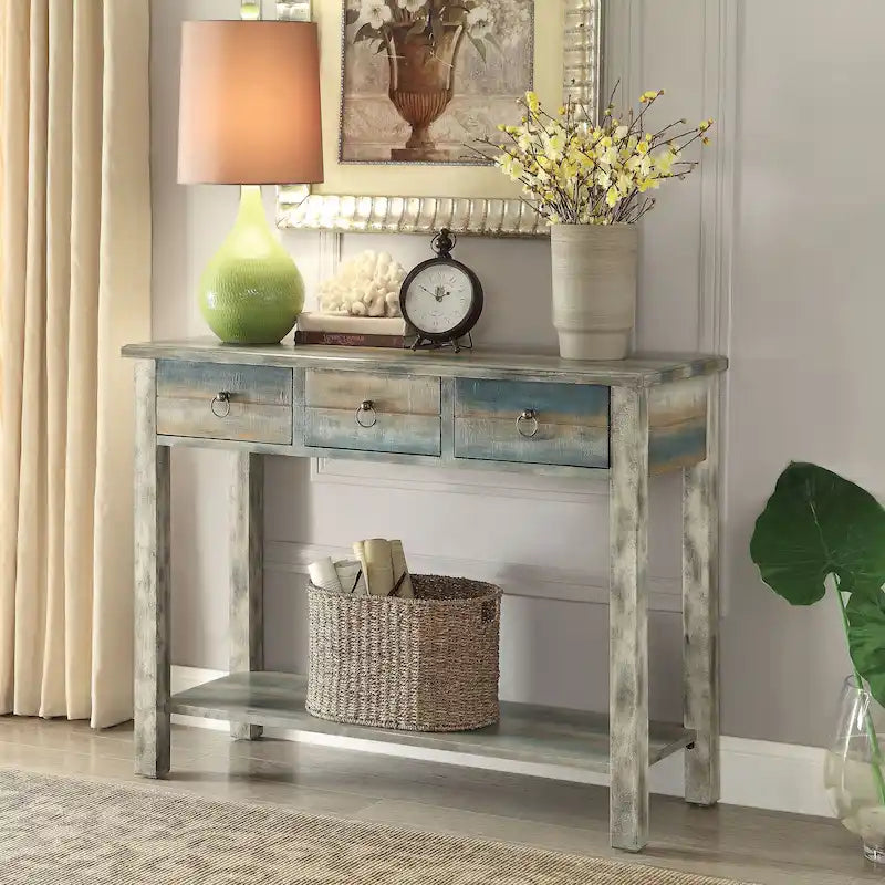 Console a 3 cassetti grigio antico e verde acqua