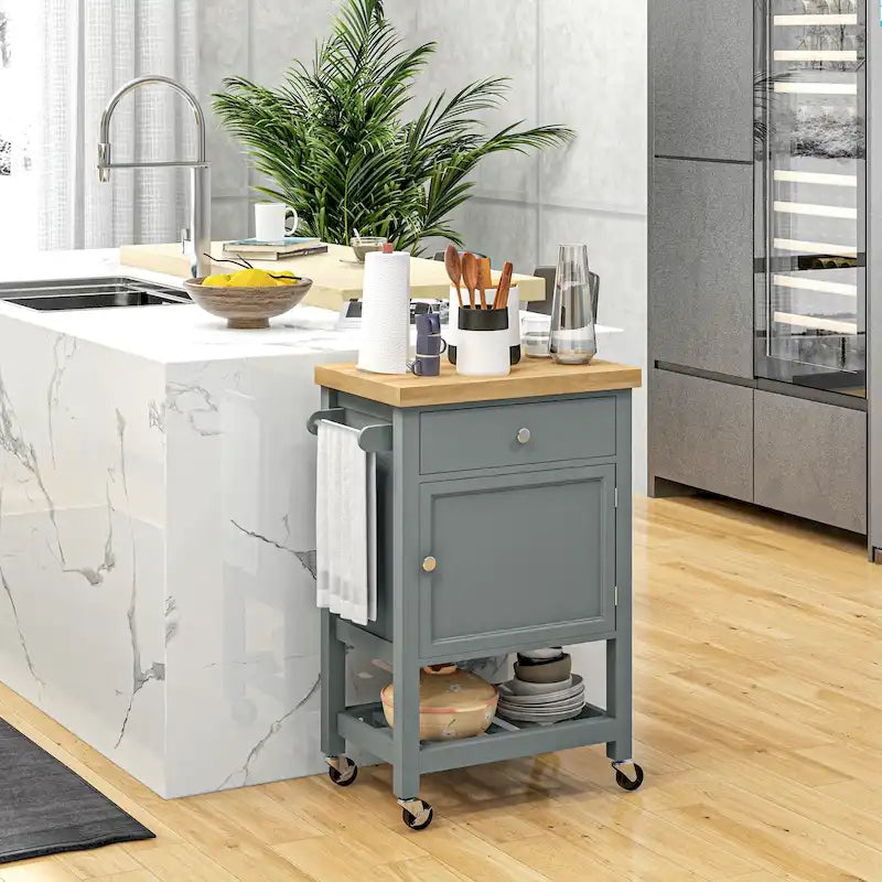 Carrello da Cucina con Isola e Piano in Legno di Caucciù