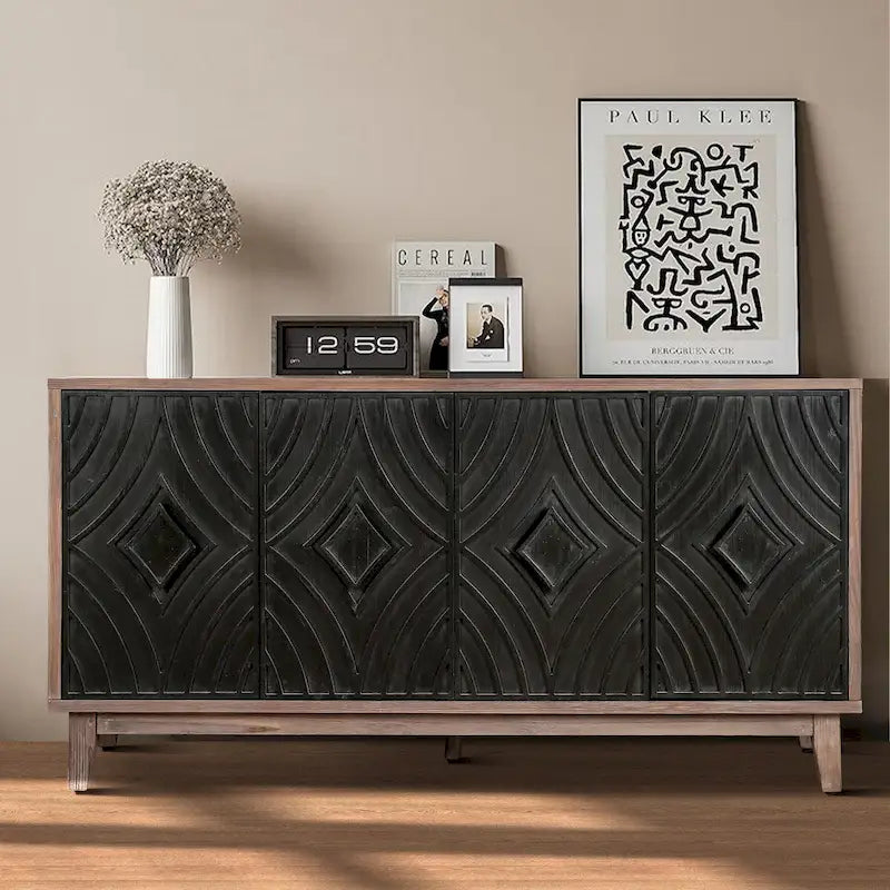 Madia Buffet Mobile Contenitore da Cucina Credenza con 4 Ante a Motivo Diamantato Convesso e 2 Ripiani Tavolino Console d'Accento