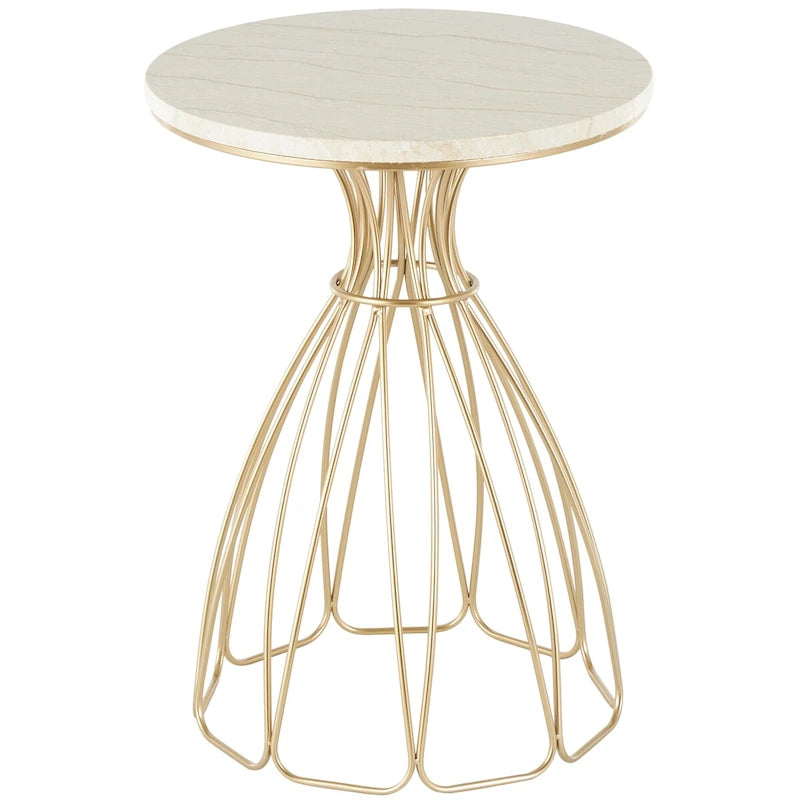 Tavolino d'appoggio in metallo dorato con decoro floreale e piano in marmo color crema